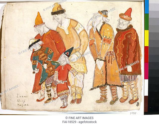 Peoples. Costume design for the opera Prince Igor by A. Borodin. Roerich, Nicholas (1874-1947). Watercolour, Gouache on Paper. Symbolism. 1914