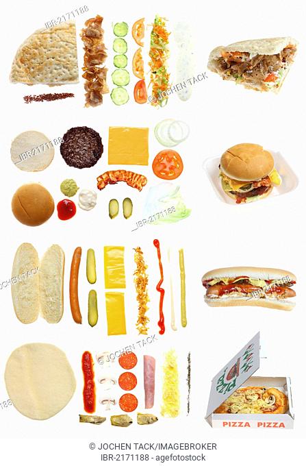 Fast food, ingredients for a doner kebab in pita bread, a hamburger with cheese and bacon, a hot dog, a pizza