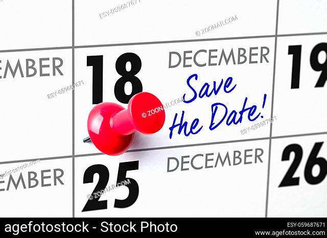 Wall calendar with a red pin - December 18