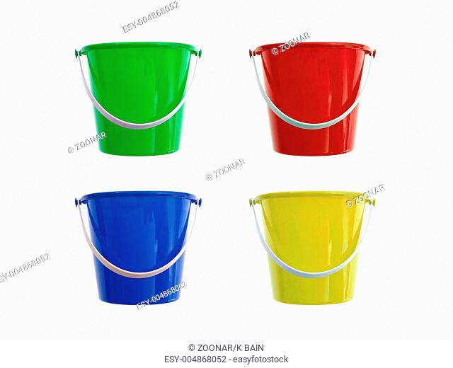 A toy bucket and spade set isolated against a white background