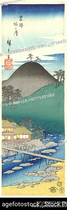Tonosawa in Hakone Hakone Tonosawa (title on object), View of an inn on a river over which a bridge, mountains against a blue sky in the background