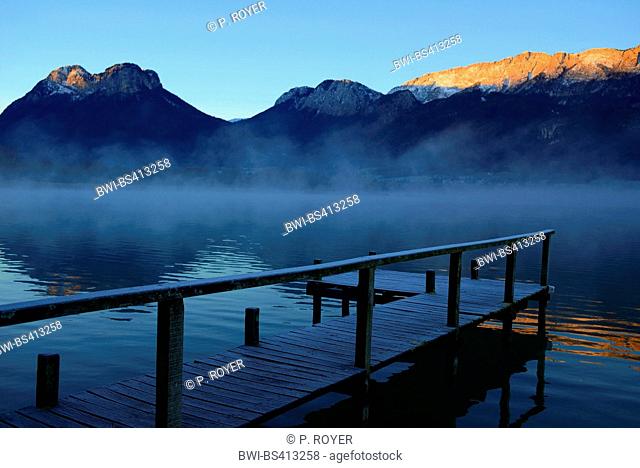 boardwalk at Lake Annecy in the morning, France, Savoie, Haute Savoie, Gliere