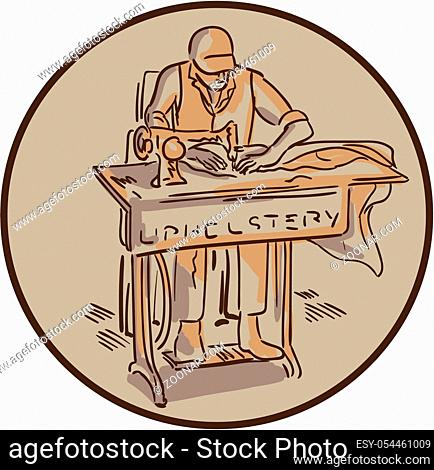 Drawing sketch style illustration of a tailor machinist upholsterer sewing with sewing machine facing front set inside circle on isolated background