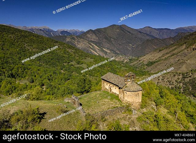 Aerial view of the church of Santa EulÃ lia and the town of Alendo and the Coma de Burg valley with green fields (Pallars SobirÃ , Lleida, Catalonia, Spain