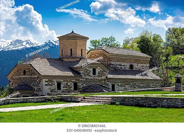 The Agia Paraskevi old stone church outside the Pirra village on Pindus mountains in Thessaly, Greece