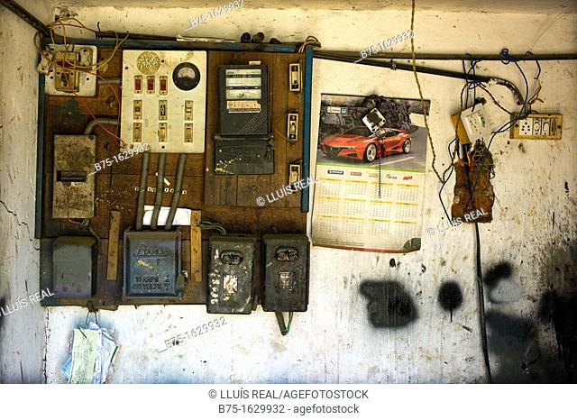 electrical box on the wall in a garage of Mundgod, Karnataka, India, Asia