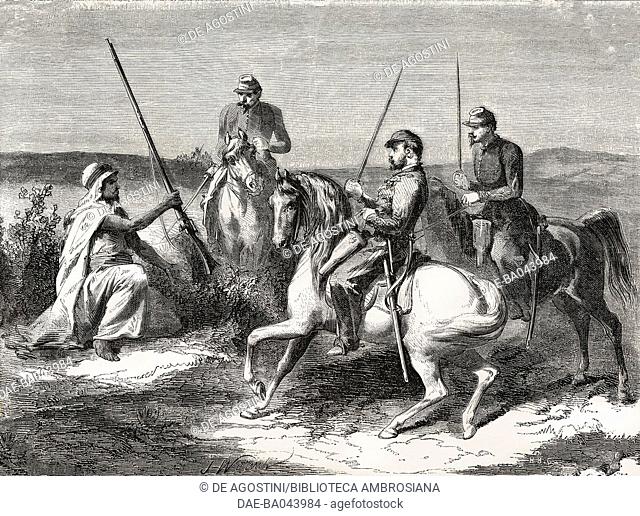 Arab warrior surrendering to Captains Chabaud and Muller, conquest of the marabout Sidi-el-Moufok, Algeria, illustration by Jules Worms from L'Illustration