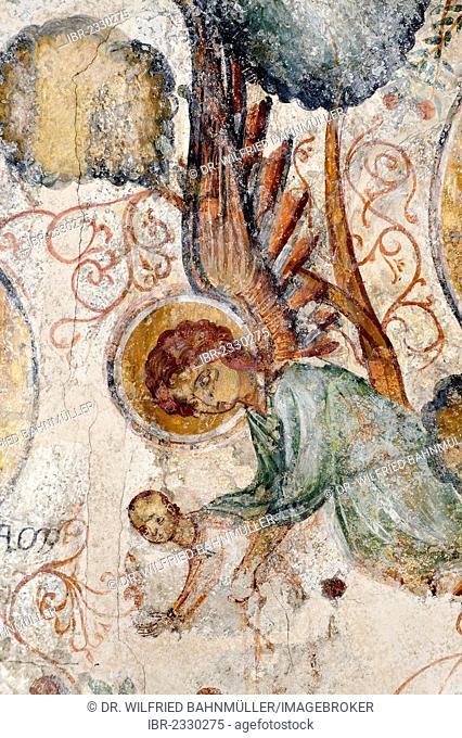 Angel delivering a child, Bosom of Abraham, fresco in the Crusader Church, Benedictine Abbey, Abbaye Sainte Marie de la Resurrection, Abu Gosh, Emmaus, Israel