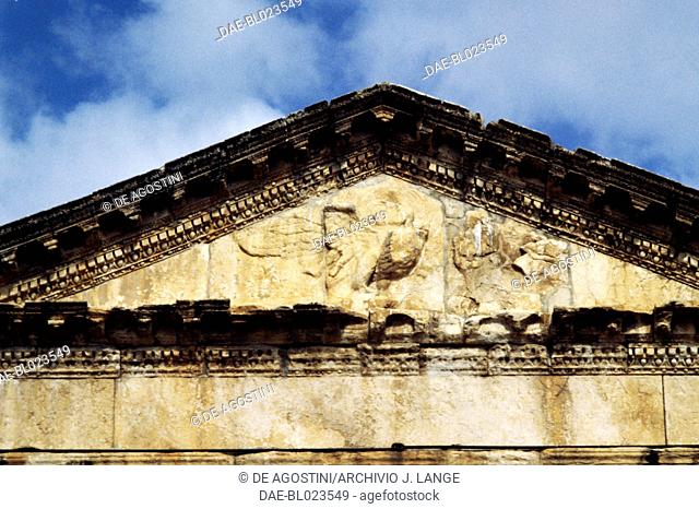 Pediment of the Capitolium (Capitol) with relief depicting the Apotheosis of Emperor Antoninus Pius;, 166-167 AD, Thugga, Dougga (Unesco World Heritage List
