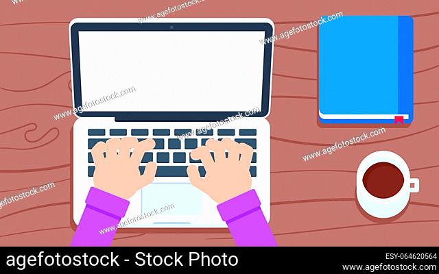 Man hands working on laptop with coffee cup and diary on table. Top view vector illustration