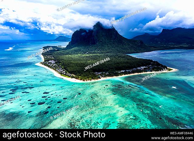 Mauritius, Helicopter view of Le Morne Brabant peninsula in summer