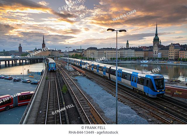 Riddarholmen Church and city skyline, trains from Sodermalm, Stockholm, Sweden, Scandinavia, Europe