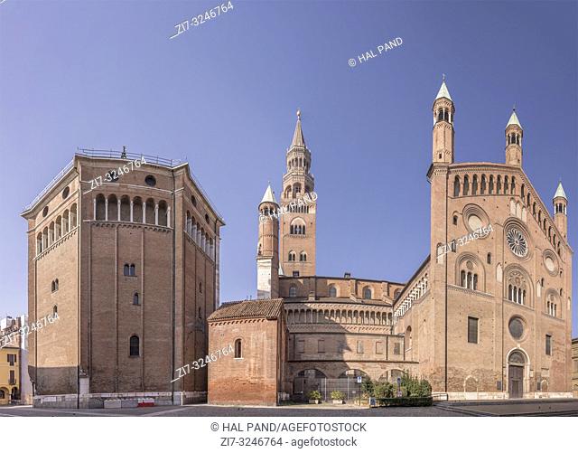 view of Romanseque Cathedral south side, shot in bright winter light at Cremona, Lombardy, Italy