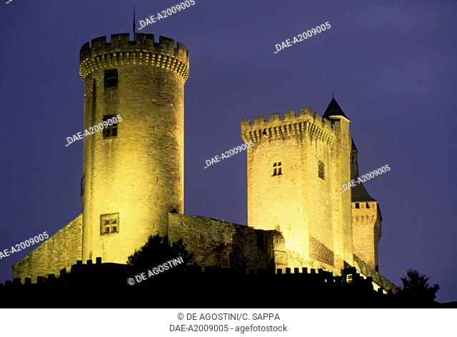 Nighttime view of Chateau de Foix, Midi-Pyrenees. France, 11th century