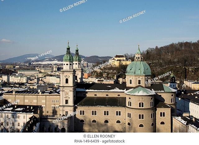 A view of the domes of the Salzburg Cathedral in the Altstadt, Salzburg, Austria, Europe