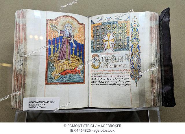 Historic handpainted Armenian manuscript, book page, Matenadaran Museum, Yerevan, Jerewan, Armenia, Asia
