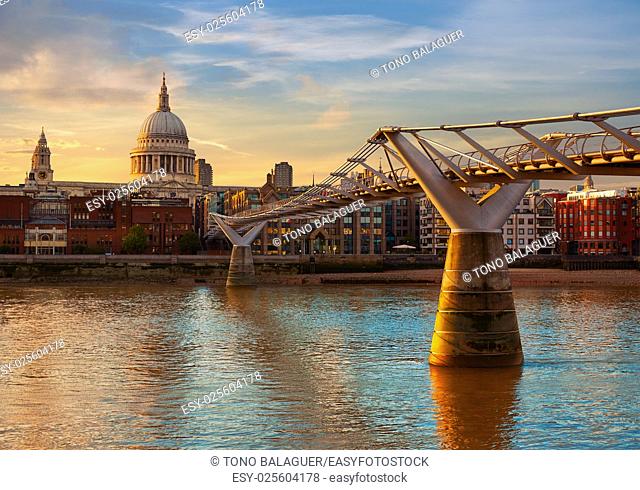 London St Paul Pauls cathedral sunset from Millennium bridge on Thames UK