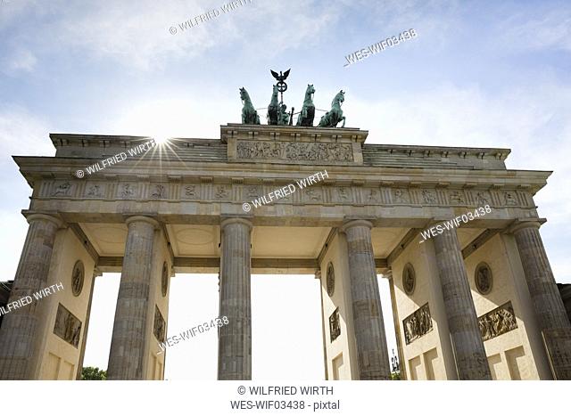 Germany, Berlin, Brandenburg Gate with Quadriga at backlight