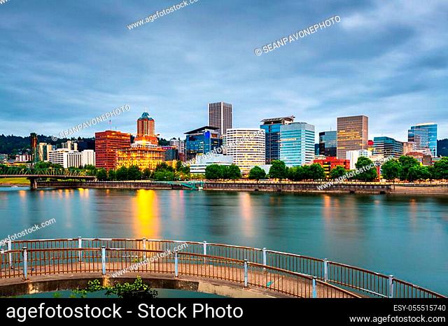 Portland, Oregon, USA skyline at dusk on the Willamette River