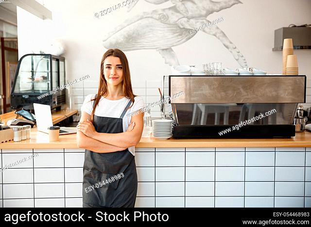 Coffee Business owner Concept - attractive young beautiful caucasian barista in apron smiling at camera in coffee shop counter