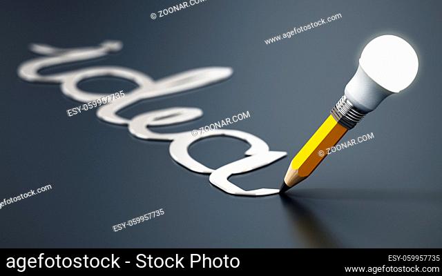 Pencil with atached lightbulb on black background. 3D illustration