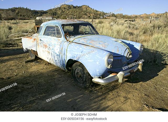 Rusted out mid-50s blue Studebaker on side of road, Route 33, near Cuyama, California