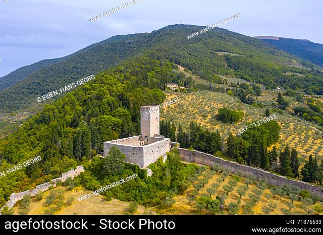 Aerial view of Rocca Minore Castle in Assisi, Perugia Province, Umbria, Italy