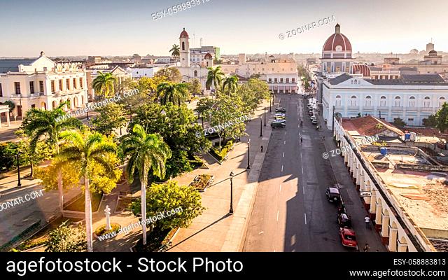 View on Jose Marti park with town hall and cathedral in Cienfuegos, Cuba
