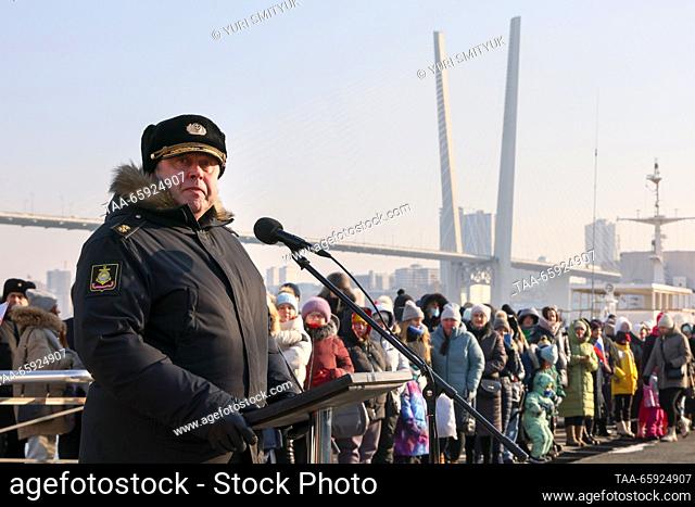 RUSSIA, VLADIVOSTOK - DECEMBER 20, 2023: Vice Admiral Denis Berezovsky, deputy commander of the Russian Pacific Fleet, speaks during a ceremony to welcome the...
