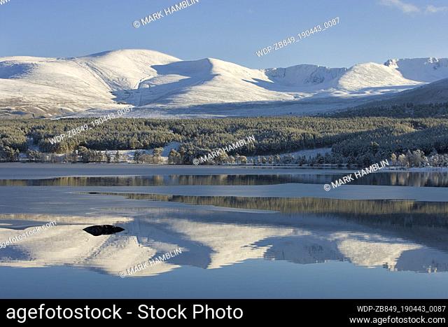 Loch Morlich and Cairngorm Mountains in winter, Cairngorms National Park, Scotland