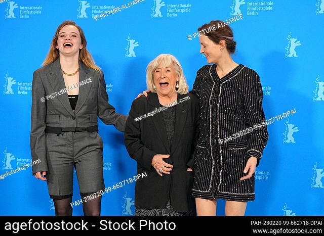 19 February 2023, Berlin: Luna Wedler (l-r), actress, Margarethe von Trotta, director, and screenwriter, and Vicky Krieps, actress