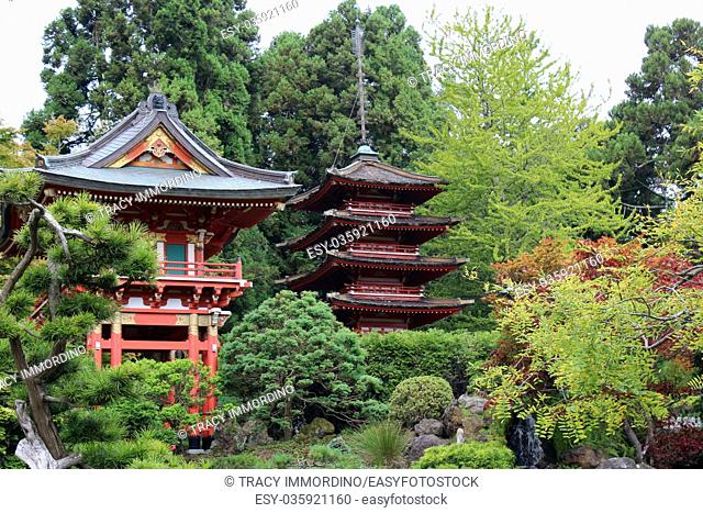 Japanese pagodas in a landscaped Japanese garden in California, USA