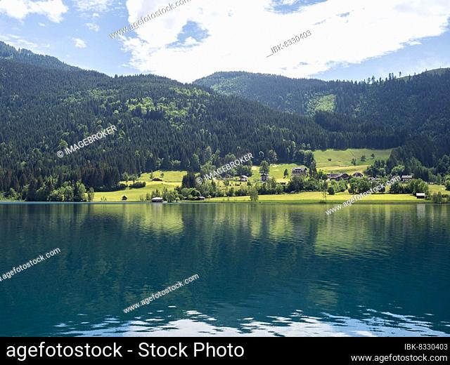 View over Lake Weissensee, highest bathing lake in the Alps, Carinthia, Austria, Europe