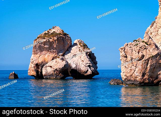 Aphrodite's Stone on Petra tou Romiou or Aphrodite Rock Beach, one of the main attractions and landmarks of Cyprus island