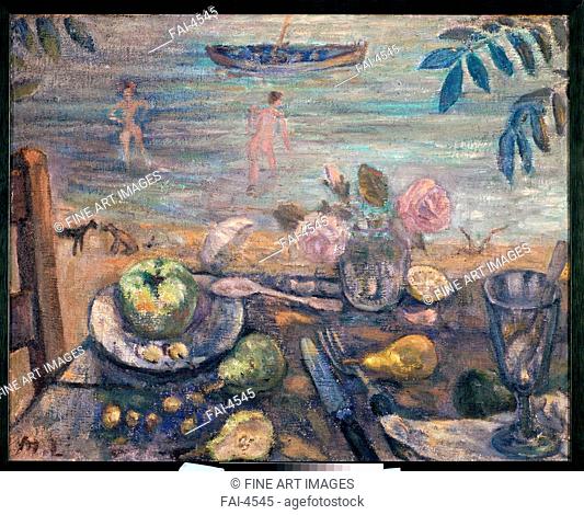 A covered table at a river. Larionov, Mikhail Fyodorovich (1881-1964). Oil on canvas. Russian avant-garde. 1920-1930. Russia
