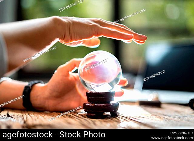 Business Predictions Using Crystal Ball. Psychic Visionary Woman