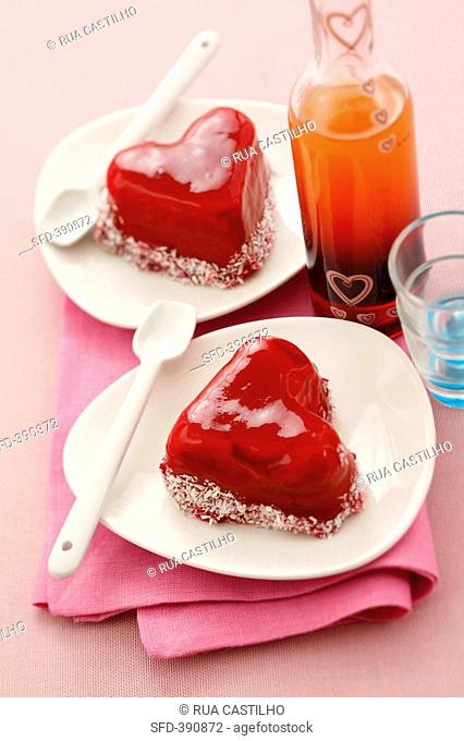 Heart-shaped strawberry mousse with strawberry jelly & coconut