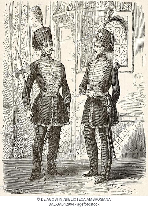 Two guards on duty in the Sultan's palace, Istanbul, Turkey, illustration by J Gaildrau from L'Illustration, Journal Universel, No 589, Volume XXIII, June 10