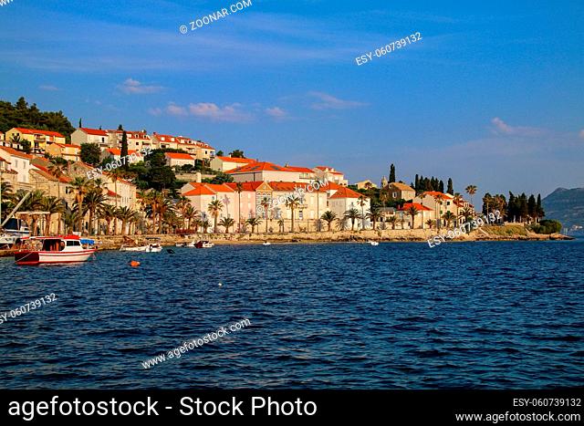Waterfront of Korcula town, Croatia. Korcula is a historic fortified town on the protected east coast of the island of Korcula