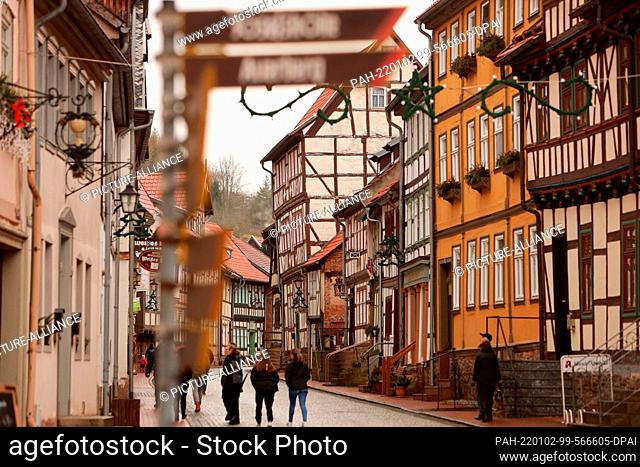PRODUCTION - 02 January 2022, Saxony-Anhalt, Stolberg: Old half-timbered houses in the Harz village of Stolberg. In 2019