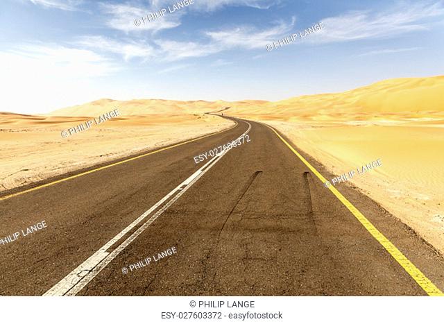 Desert road to the Moreeb Dune in Liwa Oasis area. Emirate of Abu Dhabi, United Arab Emirates