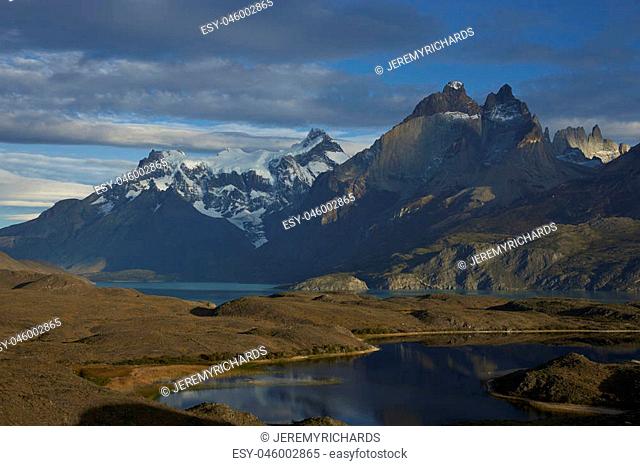 Peaks of Torres del Paine towering over the waters of Lago Nordenskjold in southern Chile