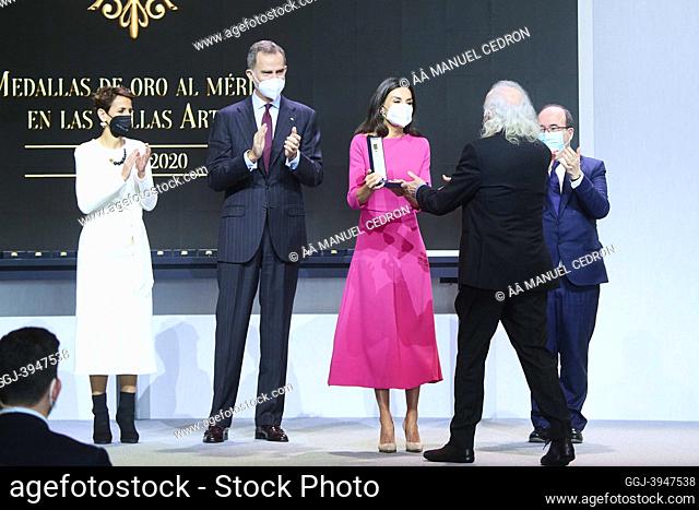 King Felipe VI of Spain, Queen Letizia of Spain, Montxo Armendariz attends delivery Gold Medals of Merit in Fine Arts 2020 at Baluarte Conference Centre and...