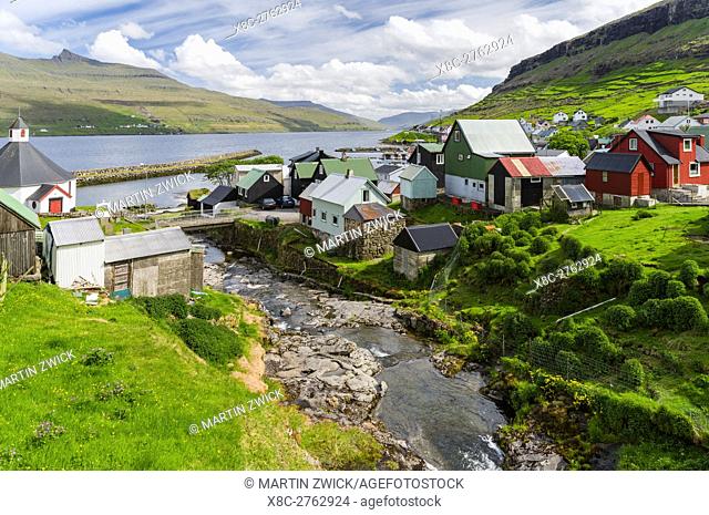 Village Haldarsvik am Sundini, Eysturoy in the background. The island Streymoy, one of the two large islands of the Faroe Islands in the North Atlantic