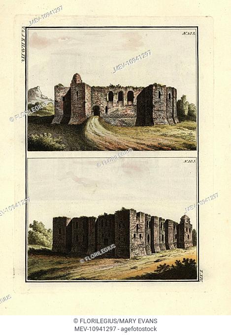 Ruins of Colchester castle. Handcolored copperplate engraving from Robert von Spalart's Historical Picture of the Costumes of the Principal People of Antiquity...