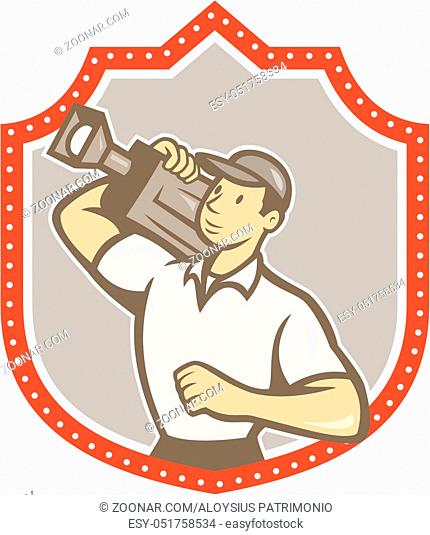 Illustration of a cameraman movie director holding vintage movie film camera on shoulder set inside shield crest on isolated background viewed from side done in...