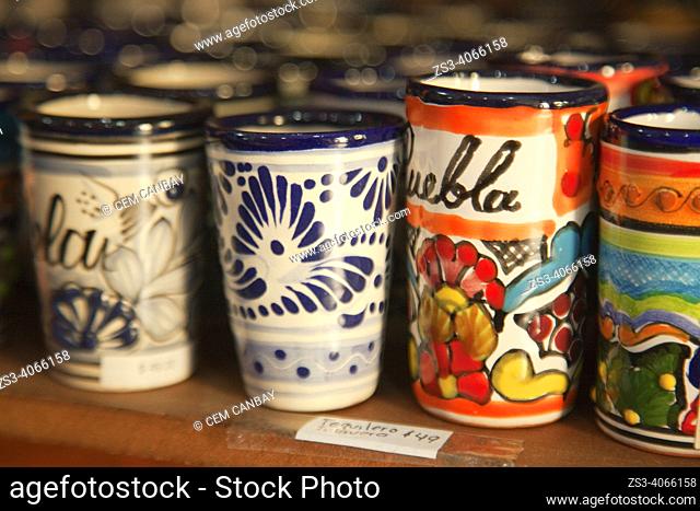 Traditional ceramic handicrafts for sale in the souvenir shop at the historic center, Puebla, Puebla State, Mexico, Central America