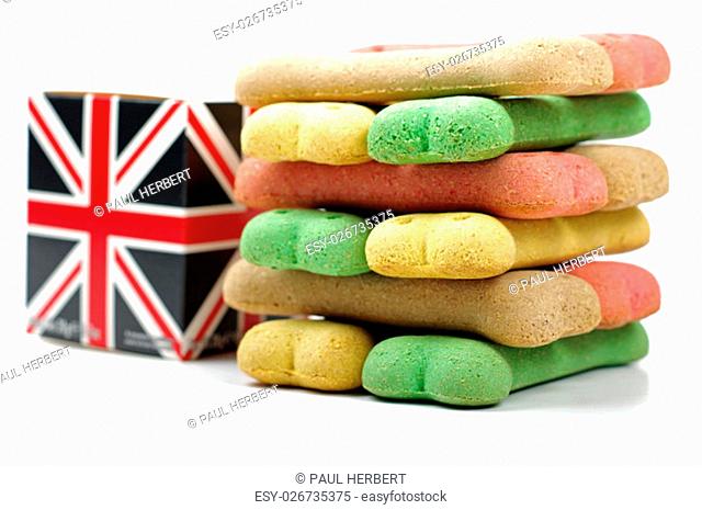 union jack british box and a stack of coloured dog treats