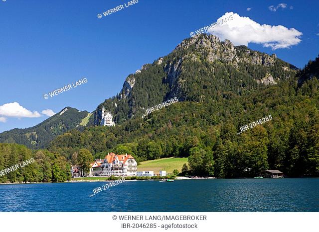 Lake Alpsee with Tegelberg Mountain and Schloss Neuschwanstein Castle, Allgaeu, Bavaria, Germany, Europe