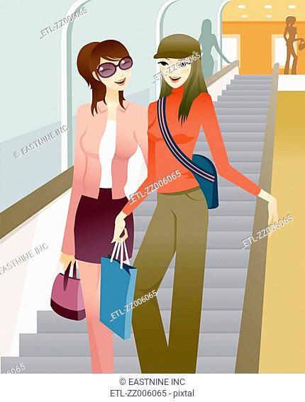 Two women holding shopping bags and walking down a staircase